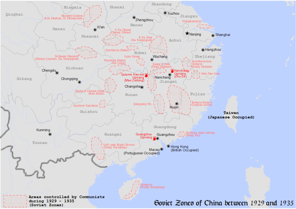 Major Red (Soviet) base areas of the CPC and its Red Armies in the 1929-1935 period.